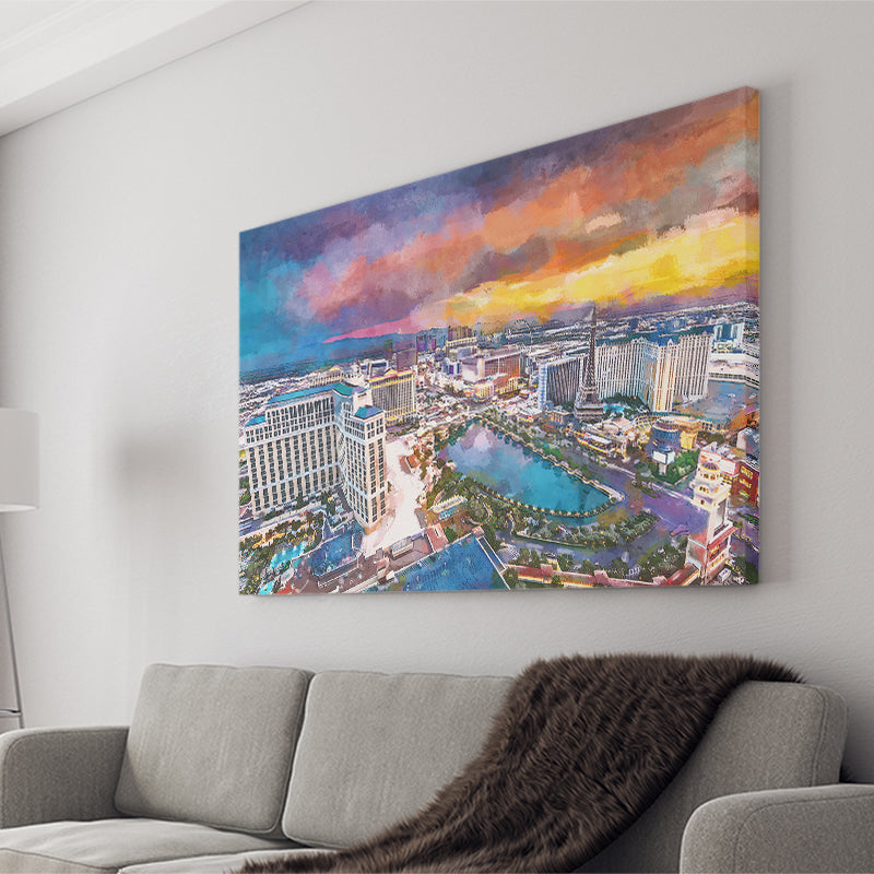 Las Vegas Nevada Usa Skyline Over V3 City Art Watercolor Canvas Prints Wall Art Home Decor, Large Canvas