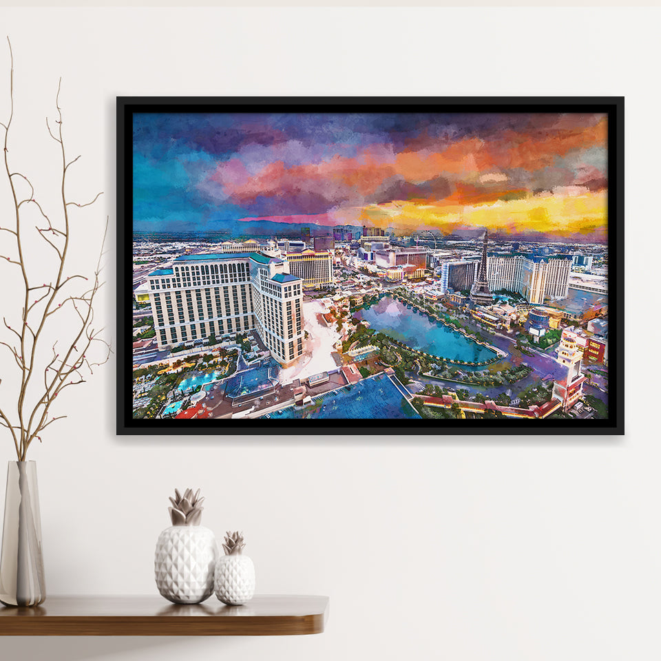 Las Vegas Nevada Usa Skyline Over V3 City Art Watercolor Framed Canvas Prints Wall Art Home Decor,Floating Frame