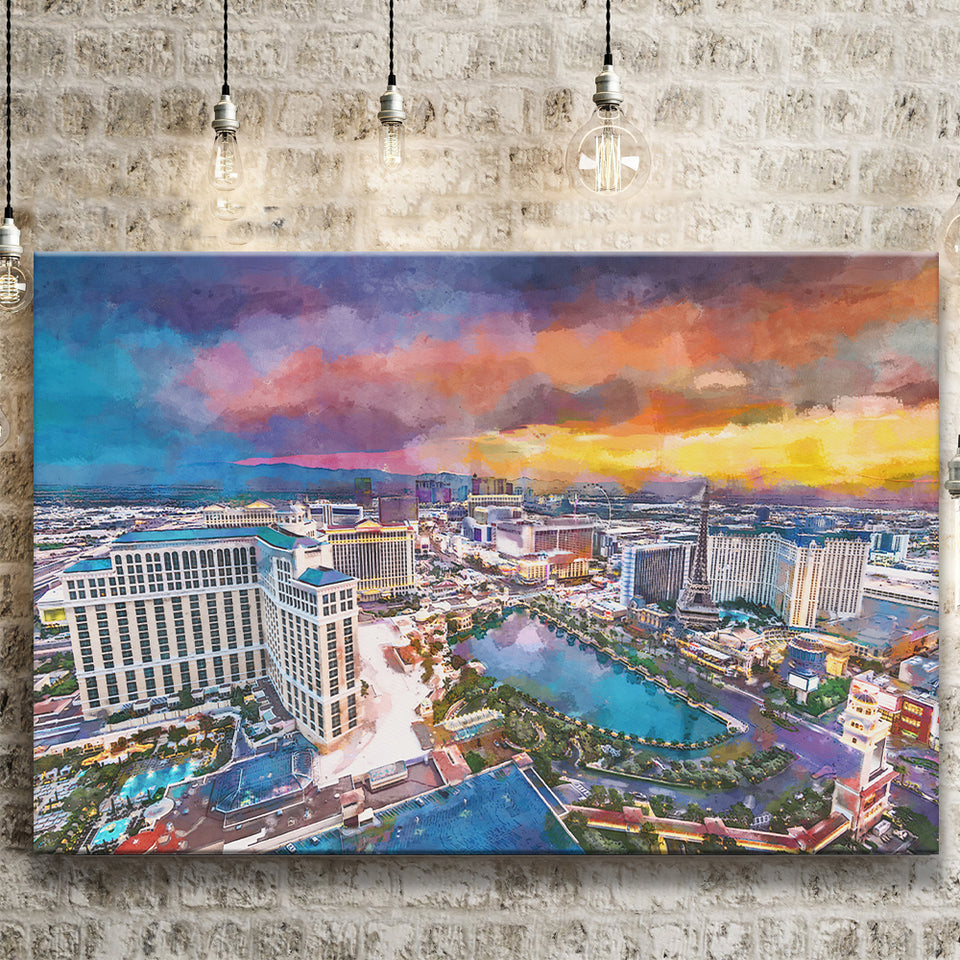Las Vegas Nevada Usa Skyline Over V3 City Art Watercolor Canvas Prints Wall Art Home Decor, Large Canvas