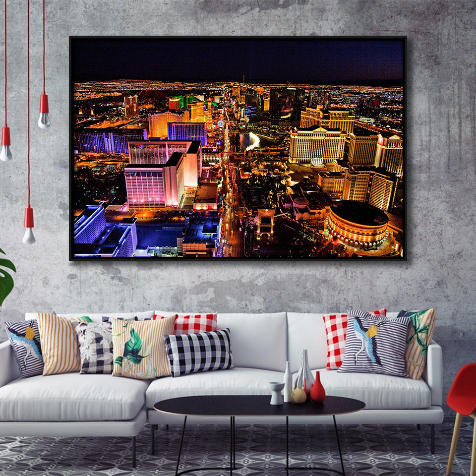 Las Vegas, Las Vegas Skyline Framed Canvas Prints Wall Art Decor, Black Floating Frame