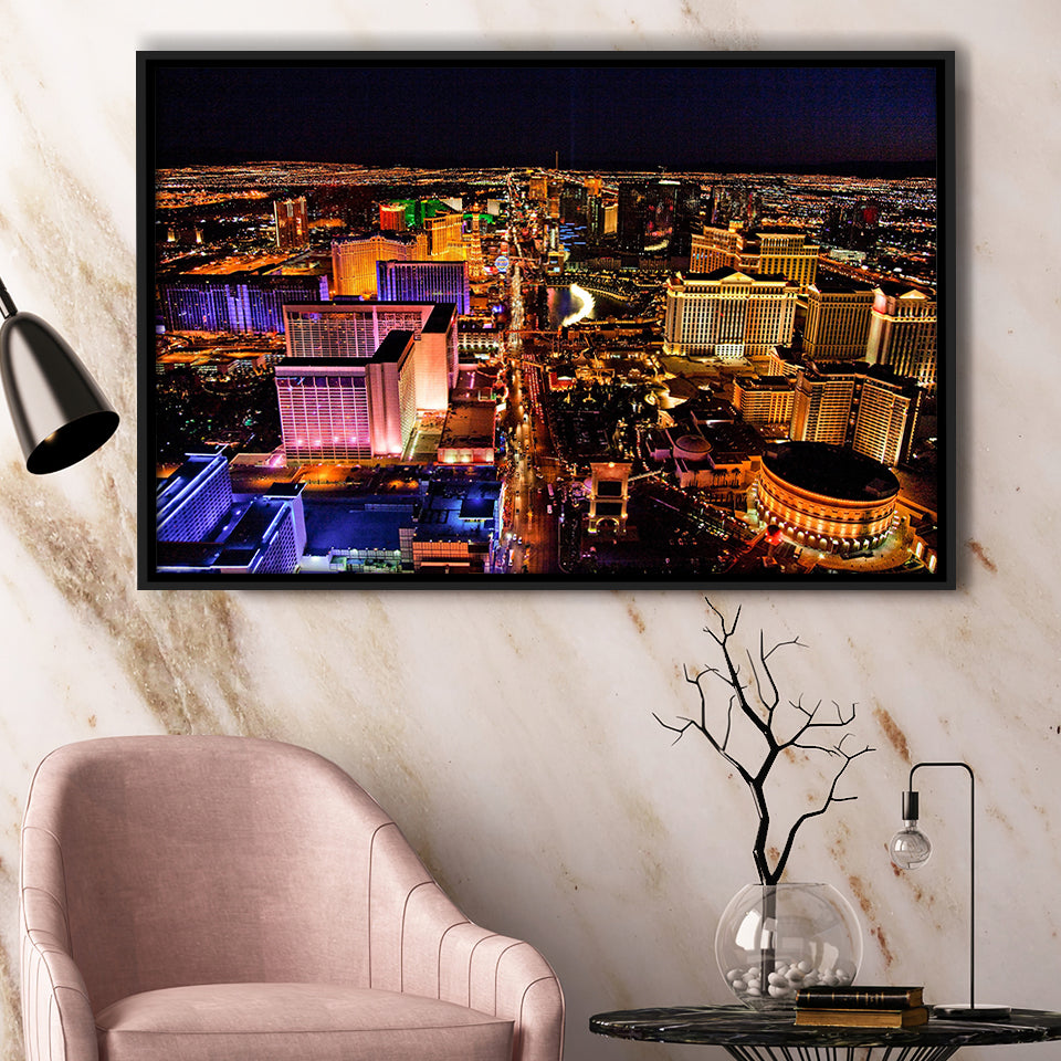 Las Vegas, Las Vegas Skyline Framed Canvas Prints Wall Art Decor, Black Floating Frame