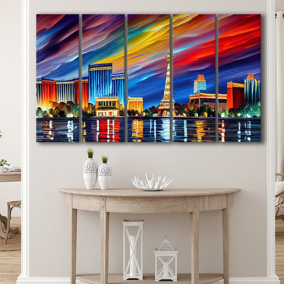 Las Vegas Nevada Skyline Las Vegas Painting Wall Art, 5 Pieces B, Multi Panel Canvas Prints Wall Art Decor