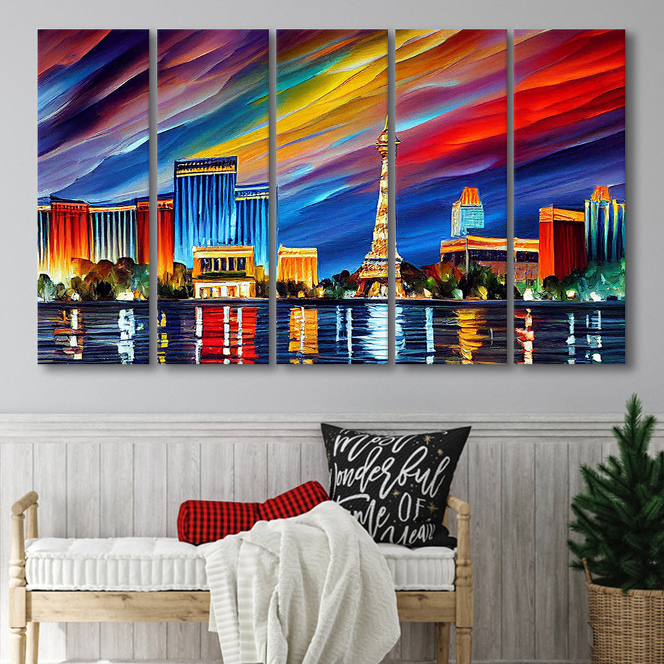 Las Vegas Nevada Skyline Las Vegas Painting Wall Art, 5 Pieces B, Multi Panel Canvas Prints Wall Art Decor