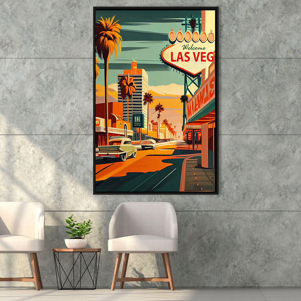 Las Vegas Strip 1960s Retro Art Print, Large Canvas, Framed Canvas Print Wall Art Home Decor, Floating Frame