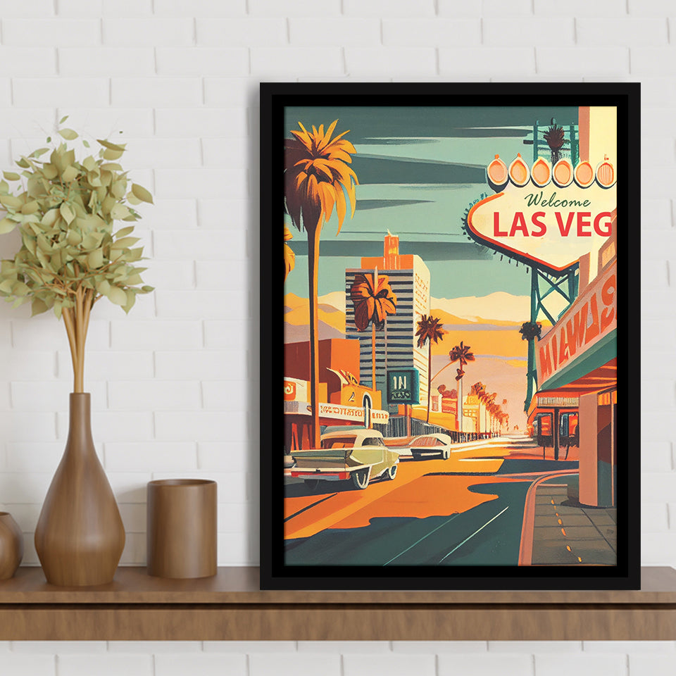 Las Vegas Strip 1960s Retro Art Print, Large Canvas, Framed Canvas Print Wall Art Home Decor, Floating Frame