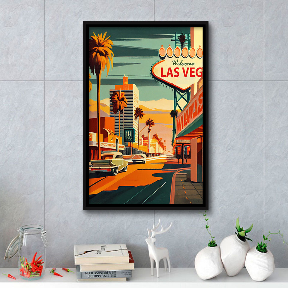 Las Vegas Strip 1960s Retro Art Print, Large Canvas, Framed Canvas Print Wall Art Home Decor, Floating Frame