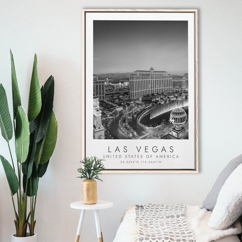 Las Vegas, Usa Black And White Art Framed Canvas Prints Wall Art Home Decor, Floating Frame