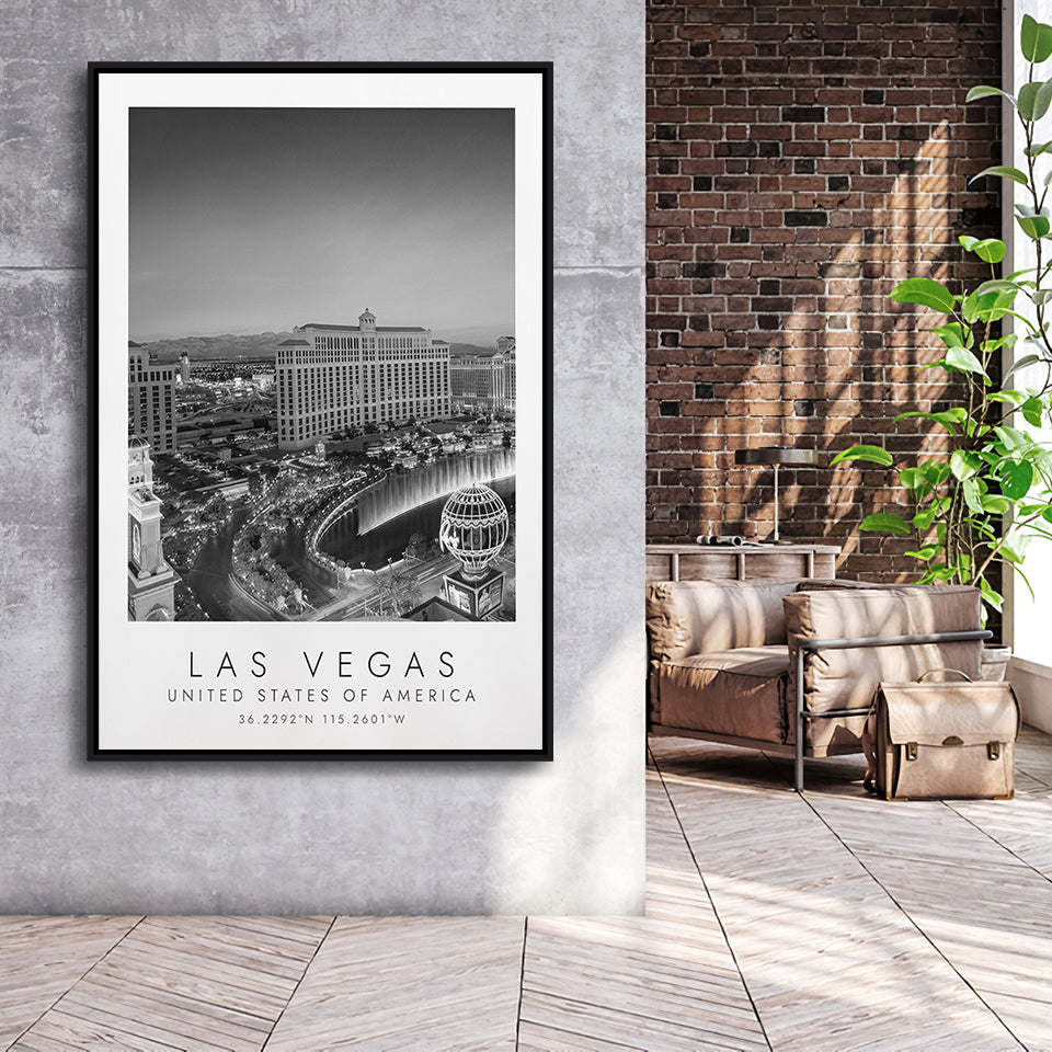 Las Vegas, Usa Black And White Art Framed Canvas Prints Wall Art Home Decor, Floating Frame