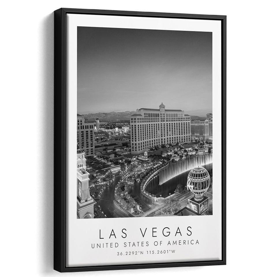 Las Vegas, Usa Black And White Art Framed Canvas Prints Wall Art Home Decor, Floating Frame