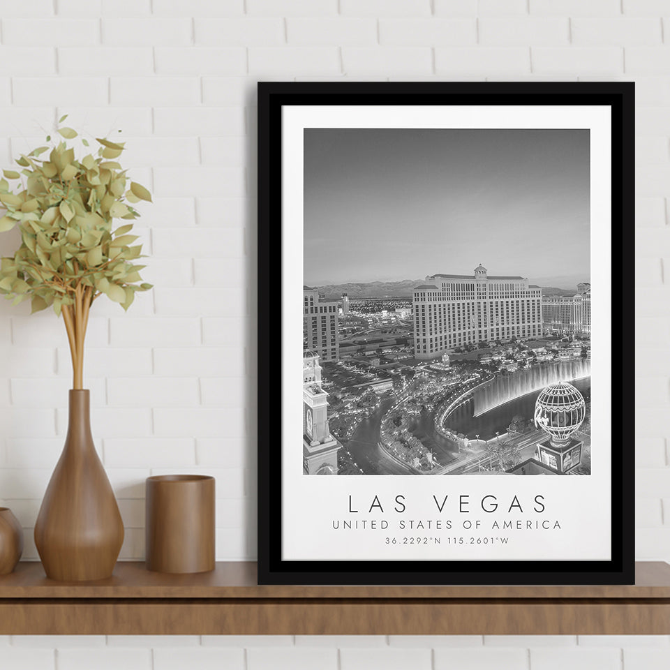 Las Vegas, Usa Black And White Art Framed Canvas Prints Wall Art Home Decor, Floating Frame