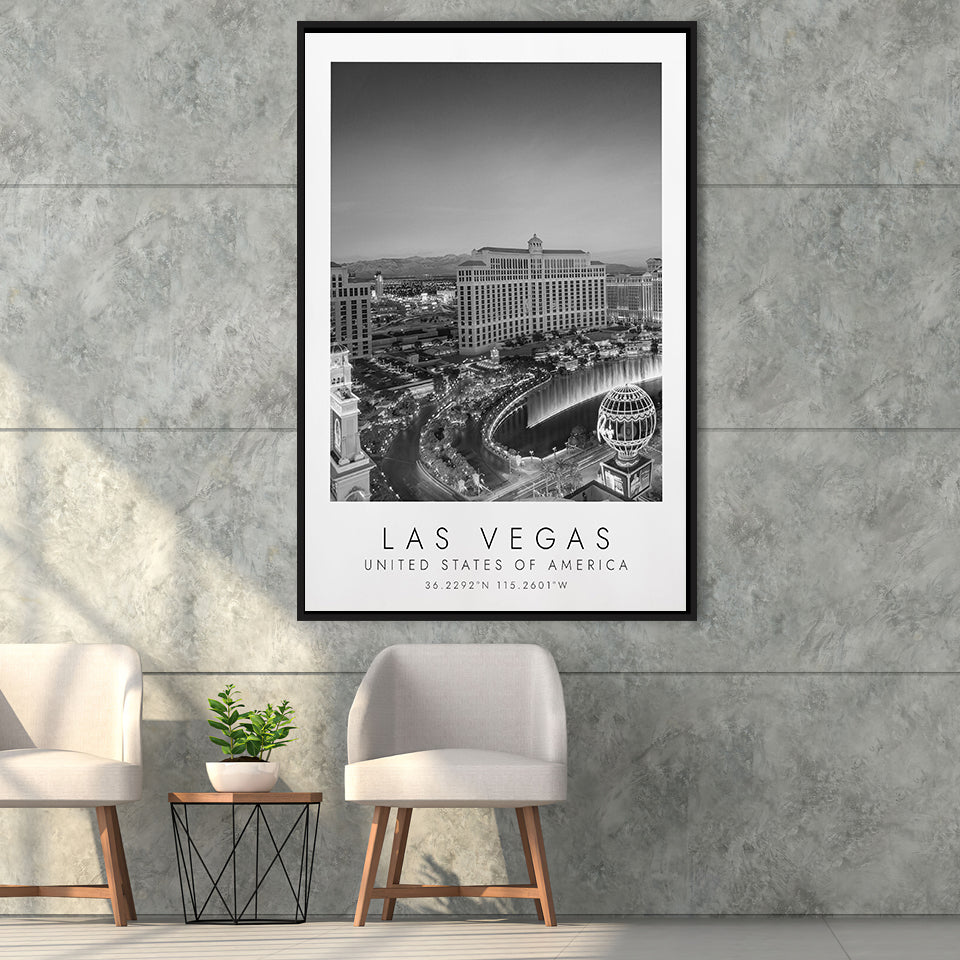 Las Vegas, Usa Black And White Art Framed Canvas Prints Wall Art Home Decor, Floating Frame