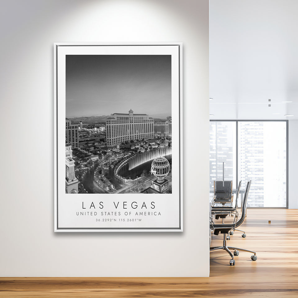 Las Vegas, Usa Black And White Art Framed Canvas Prints Wall Art Home Decor, Floating Frame