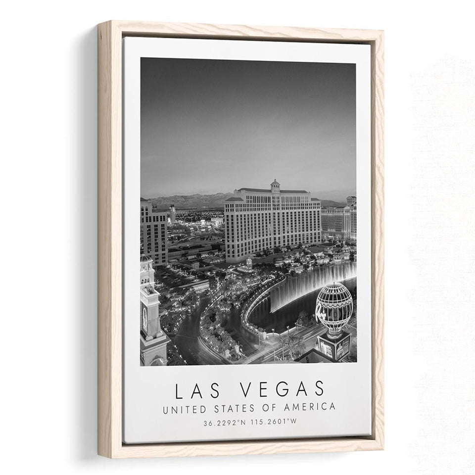 Las Vegas, Usa Black And White Art Framed Canvas Prints Wall Art Home Decor, Floating Frame