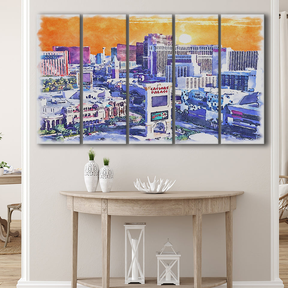 Las Vegas Watercolor Las Vegas Nevada, 5 Pieces B, Multi Panel Canvas Prints Wall Art Decor