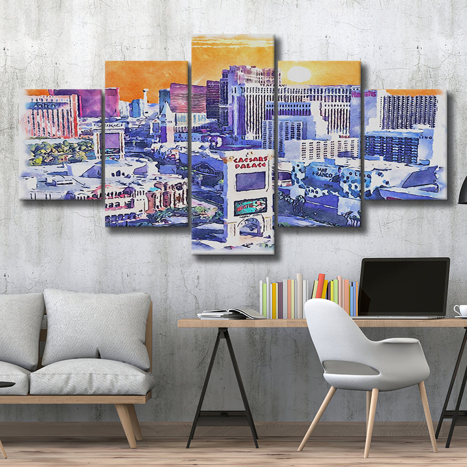 Las Vegas Watercolor Las Vegas Nevada, 5 Pieces, Multi Panel Canvas Prints Wall Art Decor
