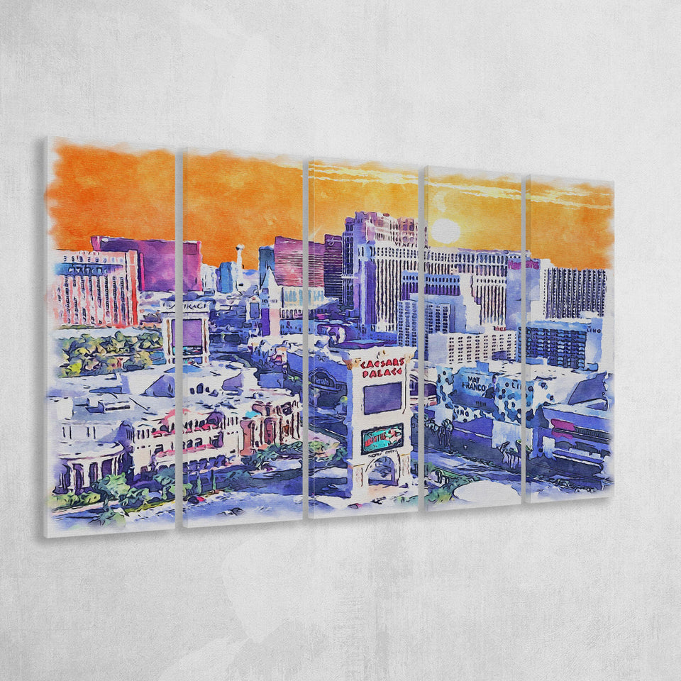 Las Vegas Watercolor Las Vegas Nevada, 5 Pieces B, Multi Panel Canvas Prints Wall Art Decor