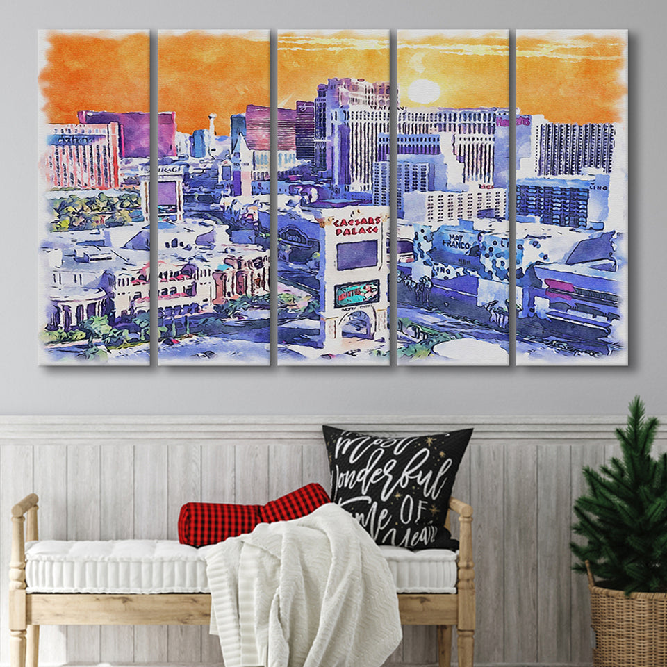 Las Vegas Watercolor Las Vegas Nevada, 5 Pieces B, Multi Panel Canvas Prints Wall Art Decor