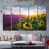 Lavender and sunflowers fields  Provence 5 Pieces Canvas Prints Wall Art - Painting Canvas, Multi Panels, Wall Decor
