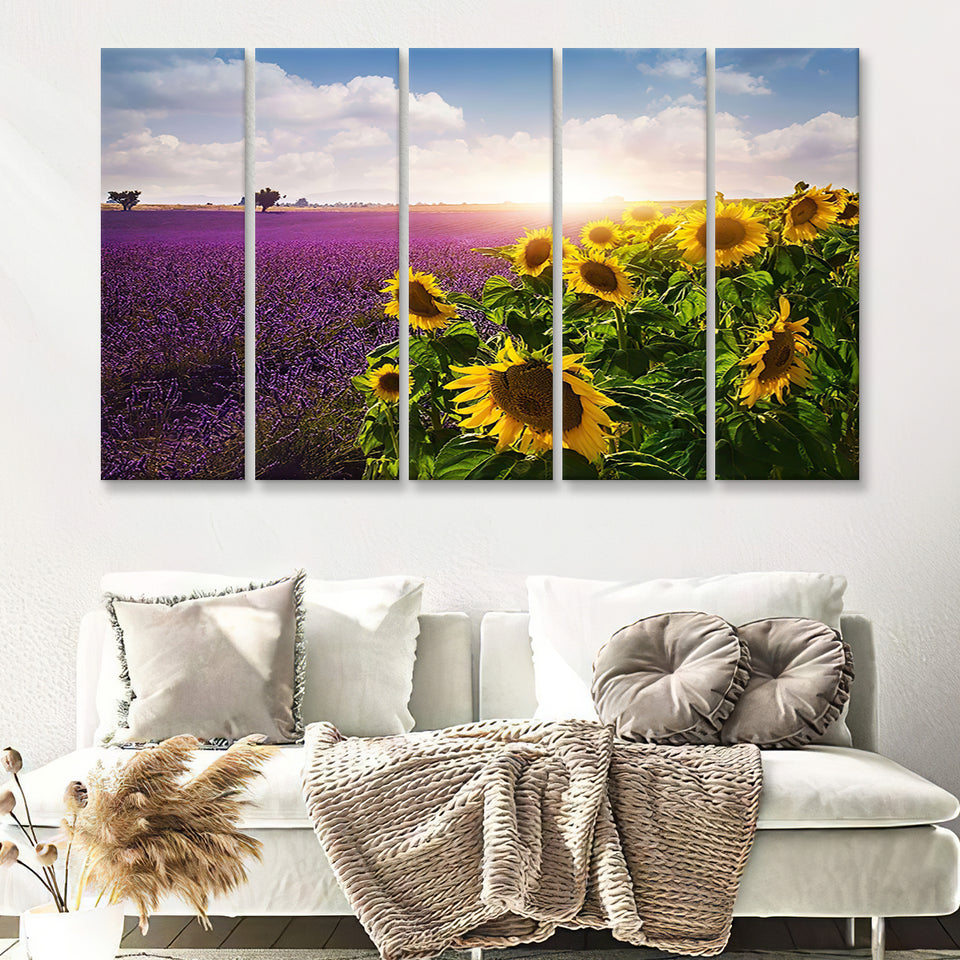 Lavender and sunflowers fields  Provence 5 Pieces Canvas Prints Wall Art - Painting Canvas, Multi Panels, Wall Decor