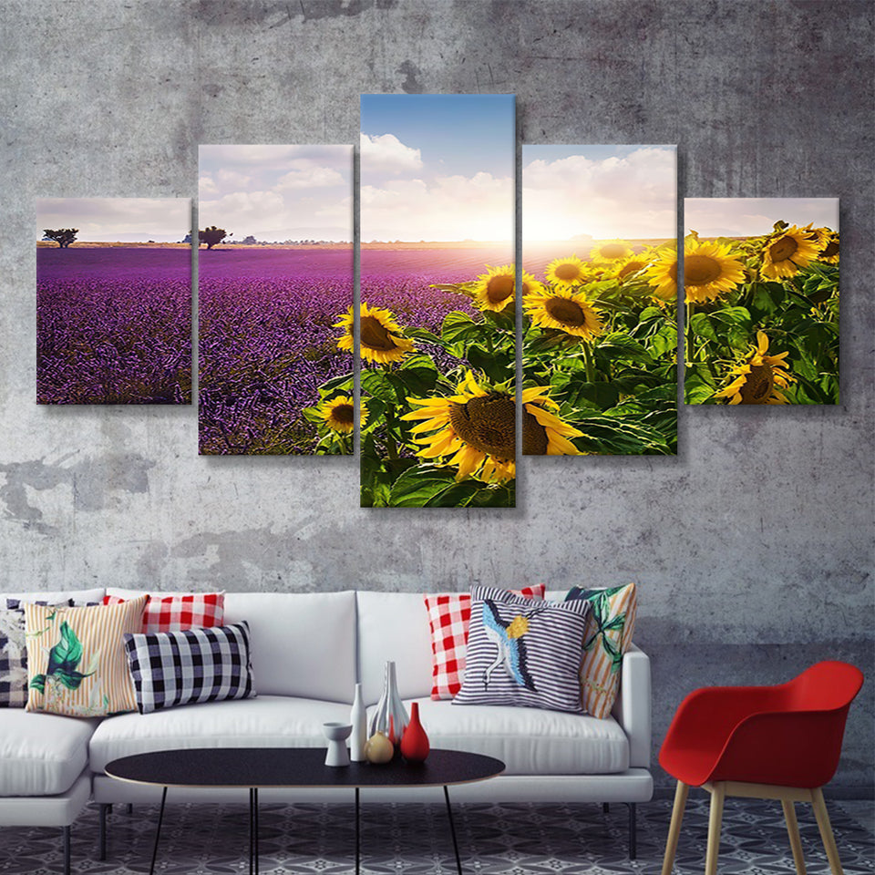 Lavender and sunflowers fields  Provence 5 Pieces Canvas Prints Wall Art - Painting Canvas, Multi Panels, Wall Decor