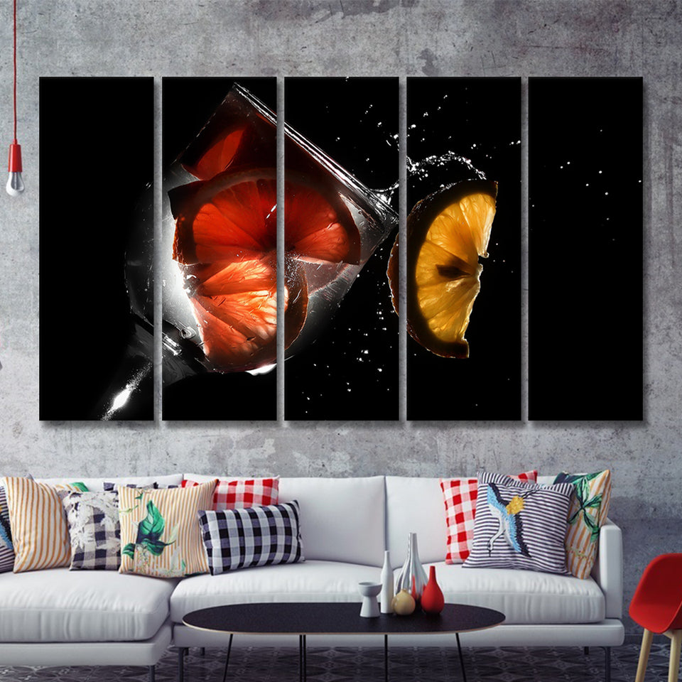 Lemon Drinks Glass Water Splash 5 Pieces B Canvas Prints Wall Art - Painting Canvas, Multi Panels,5 Panel, Wall Decor