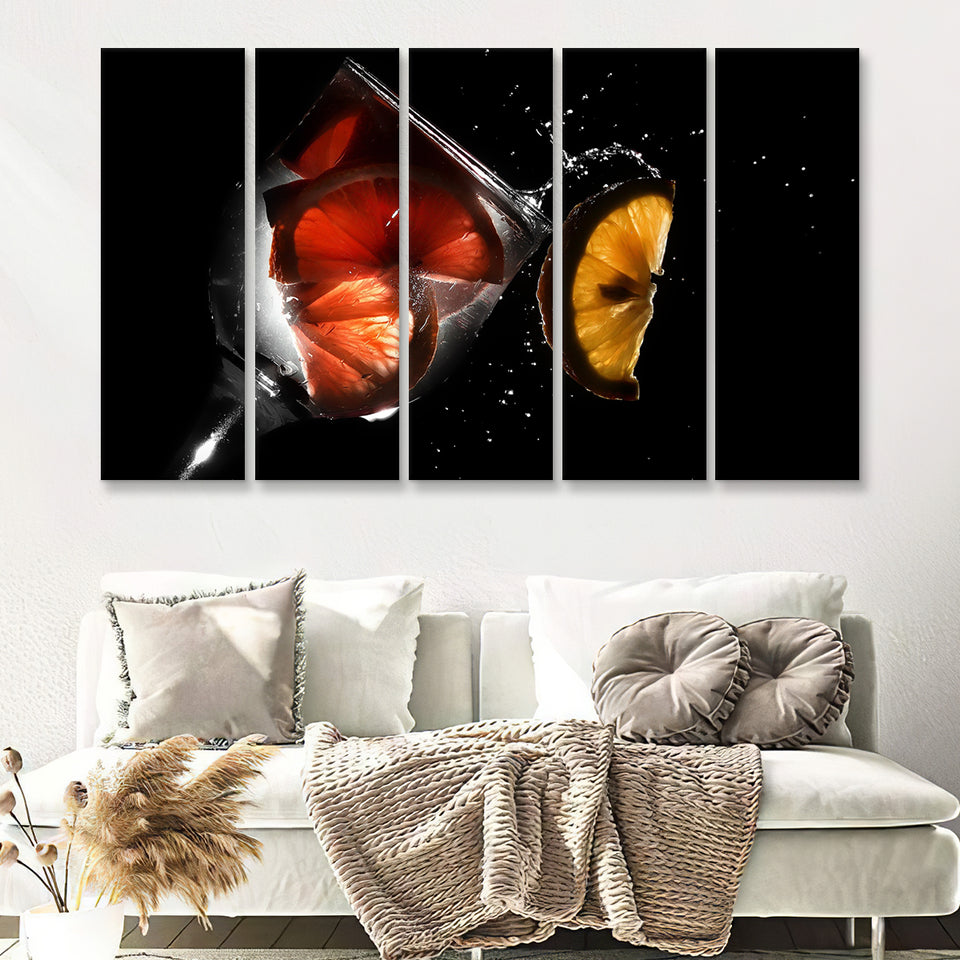 Lemon Drinks Glass Water Splash 5 Pieces B Canvas Prints Wall Art - Painting Canvas, Multi Panels,5 Panel, Wall Decor