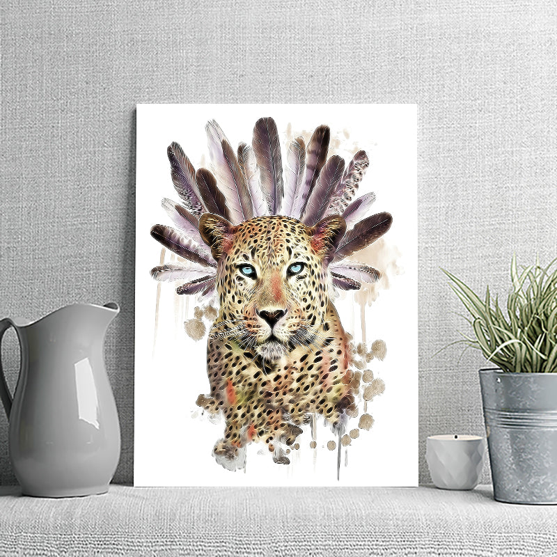 Leopard And Feathers Watercolor Art Canvas Wall Art - Canvas Prints, Prints for Sale, Canvas Painting, Home Decor