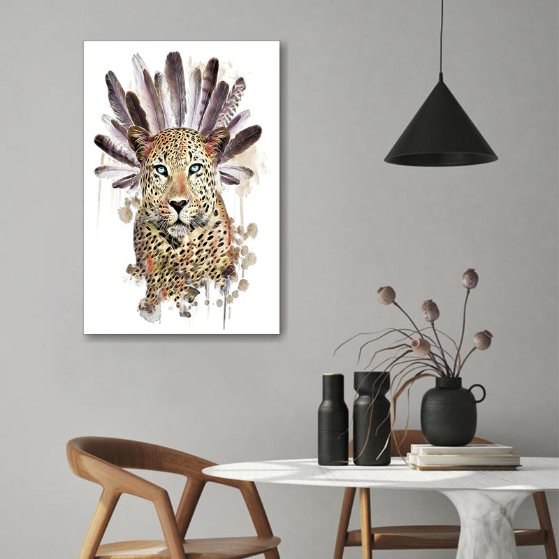 Leopard And Feathers Watercolor Art Canvas Wall Art - Canvas Prints, Prints for Sale, Canvas Painting, Home Decor