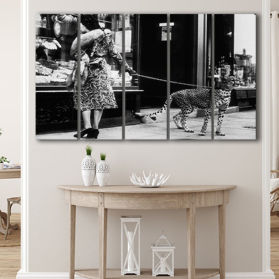 Leopard On A Leash Black And White Print, Cheetah Larger Canvas Art, 5 Piece Canvas Prints Wall Art Decor