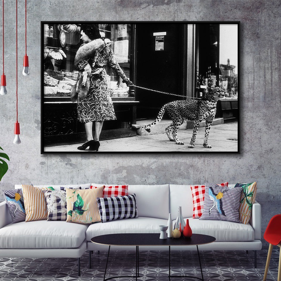 Leopard On A Leash Black And White Print, Cheetah Framed Canvas Prints Wall Art Home Decor,Floating Frame