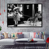 Leopard On A Leash Black And White Print, Cheetah Framed Canvas Prints Wall Art Home Decor,Floating Frame