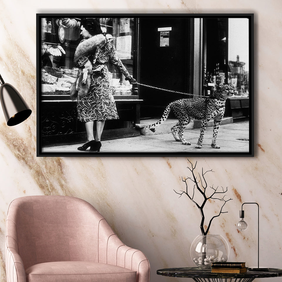 Leopard On A Leash Black And White Print, Cheetah Framed Canvas Prints Wall Art Home Decor,Floating Frame