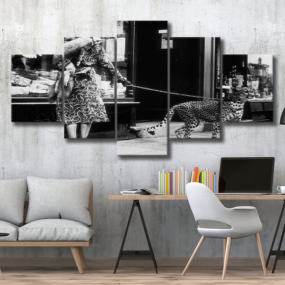 Leopard On A Leash Black And White Print, Cheetah 5 Panels, Canvas Prints Wall Art Decor, Large Canvas Art