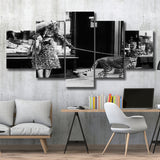 Leopard On A Leash Black And White Print, Cheetah 5 Panels, Canvas Prints Wall Art Decor, Large Canvas Art