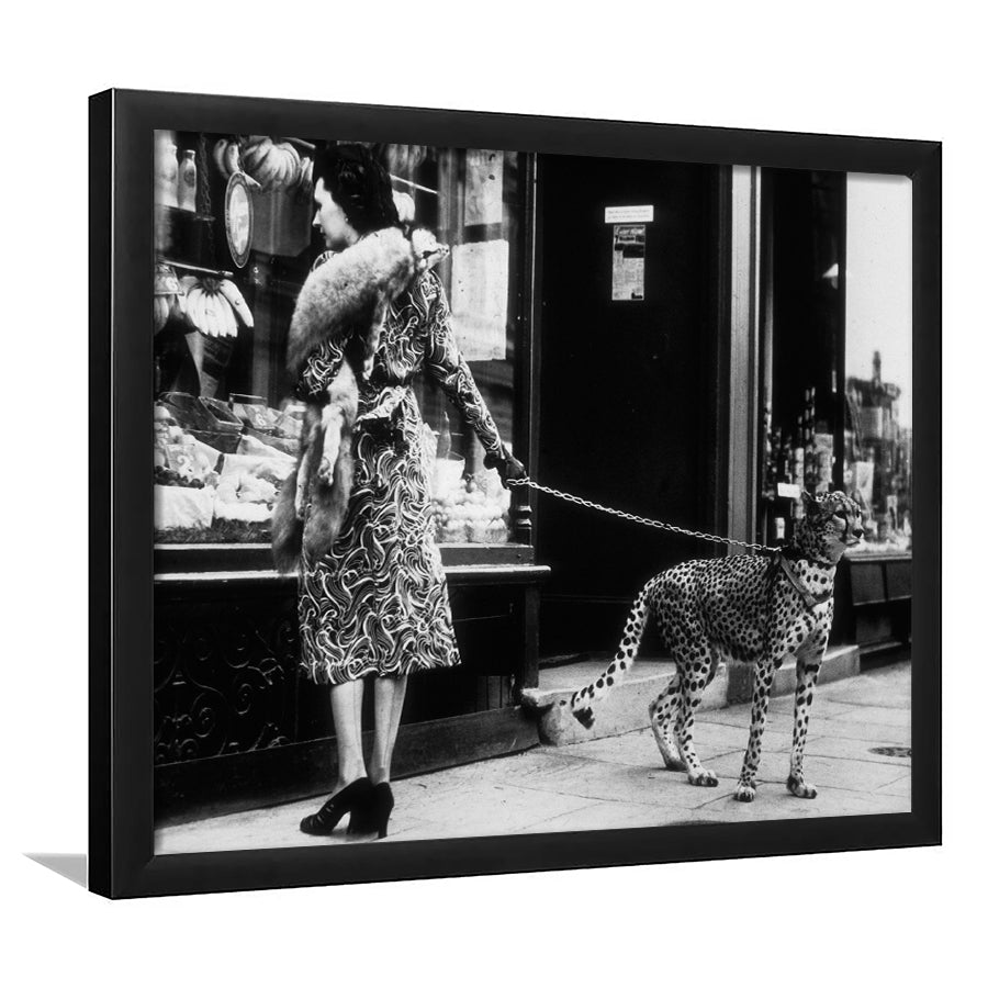 Leopard On A Leash Black And White Print, Cheetah Framed Art Prints, Wall Art,Home Decor,Framed Picture