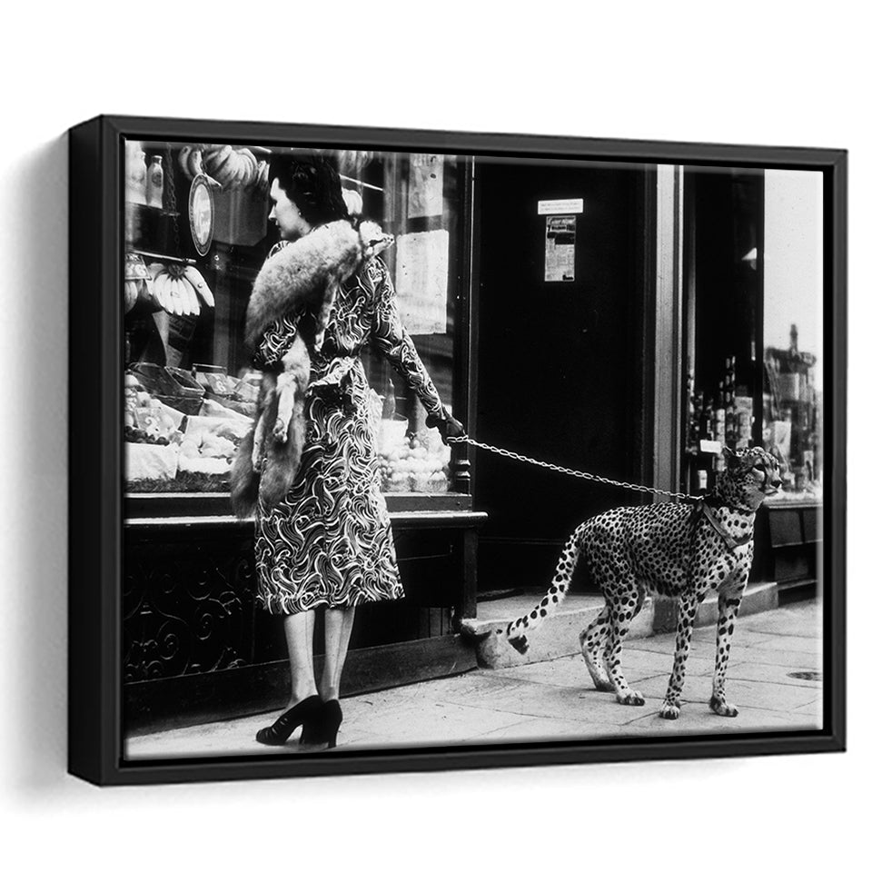 Leopard On A Leash Black And White Print, Cheetah Framed Canvas Prints Wall Art Home Decor,Floating Frame