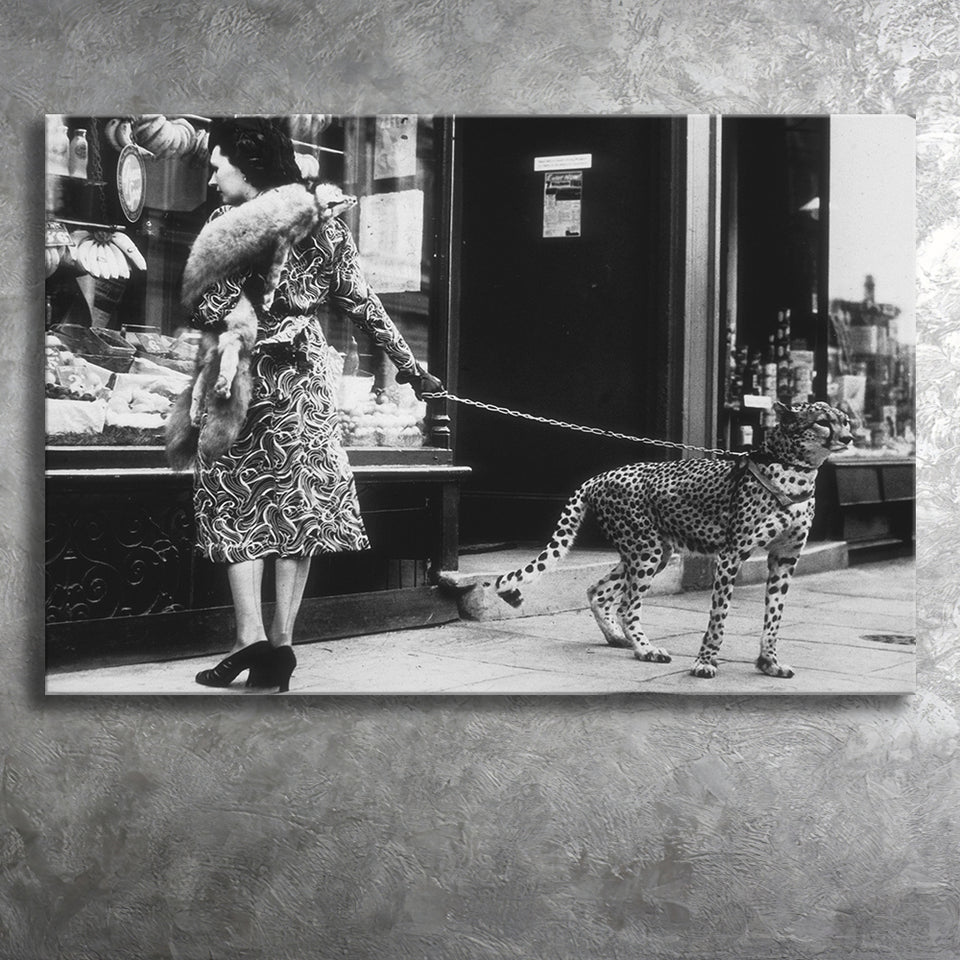 Leopard On A Leash Black And White Print, Cheetah Canvas Prints Wall Art Home Decor