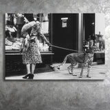 Leopard On A Leash Black And White Print, Cheetah Canvas Prints Wall Art Home Decor