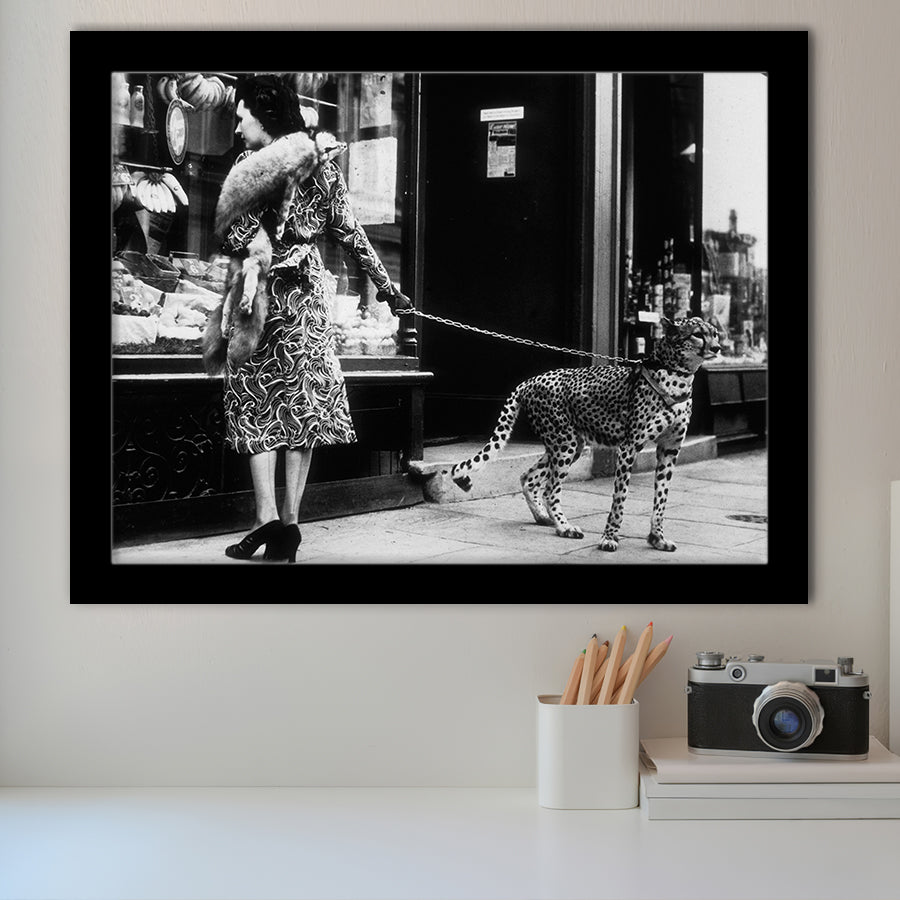 Leopard On A Leash Black And White Print, Cheetah Framed Art Prints, Wall Art,Home Decor,Framed Picture