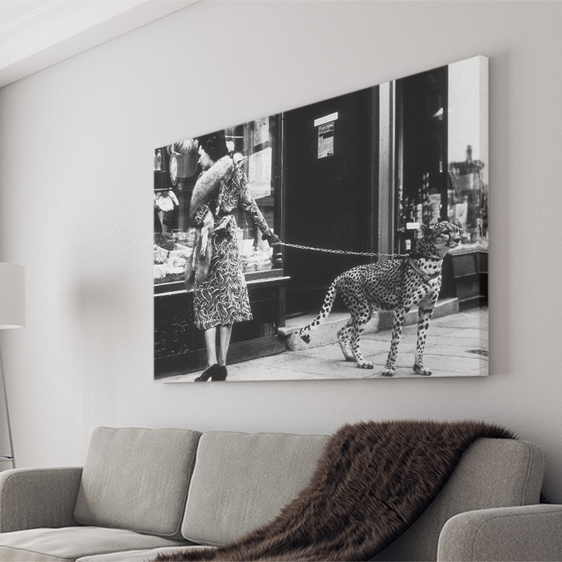 Leopard On A Leash Black And White Print, Cheetah Canvas Prints Wall Art Home Decor