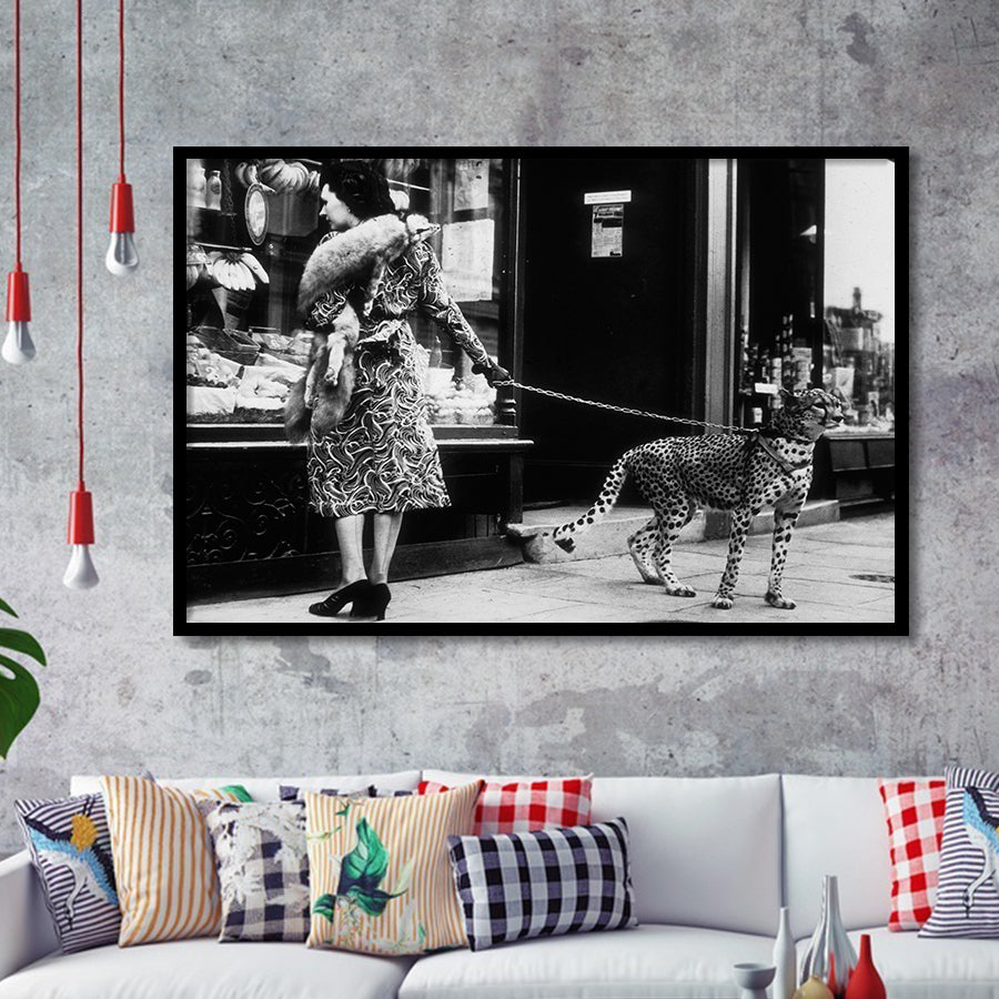 Leopard On A Leash Black And White Print, Cheetah Framed Art Prints, Wall Art,Home Decor,Framed Picture