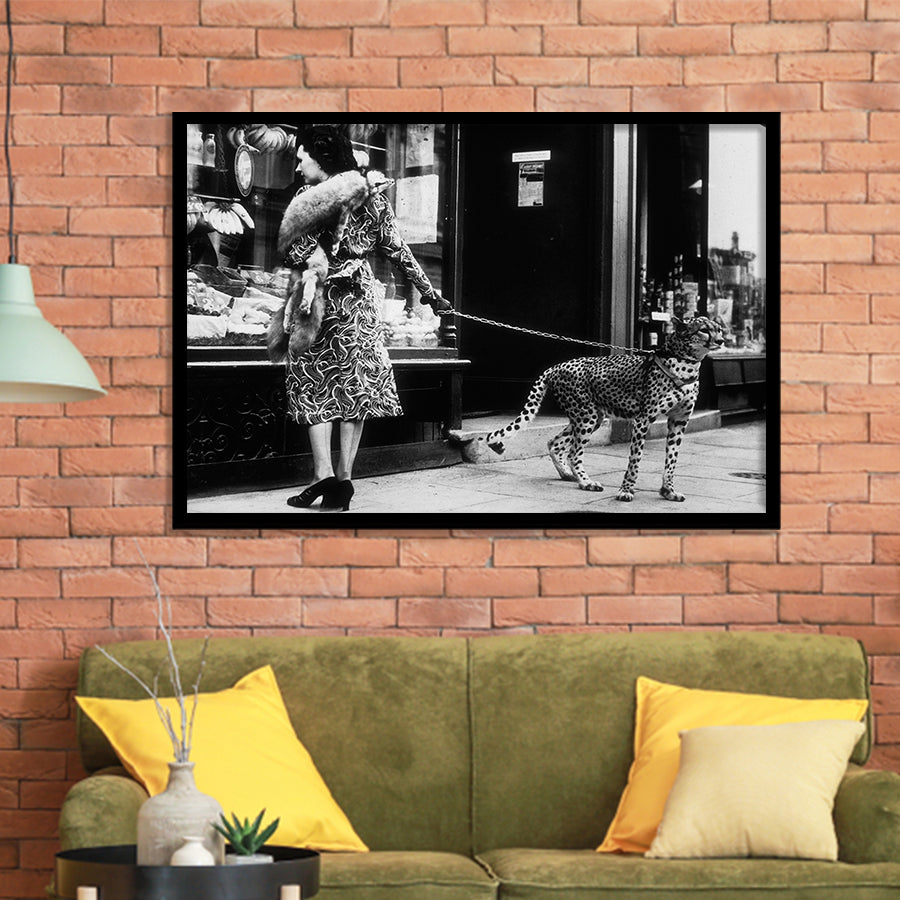 Leopard On A Leash Black And White Print, Cheetah Framed Art Prints, Wall Art,Home Decor,Framed Picture