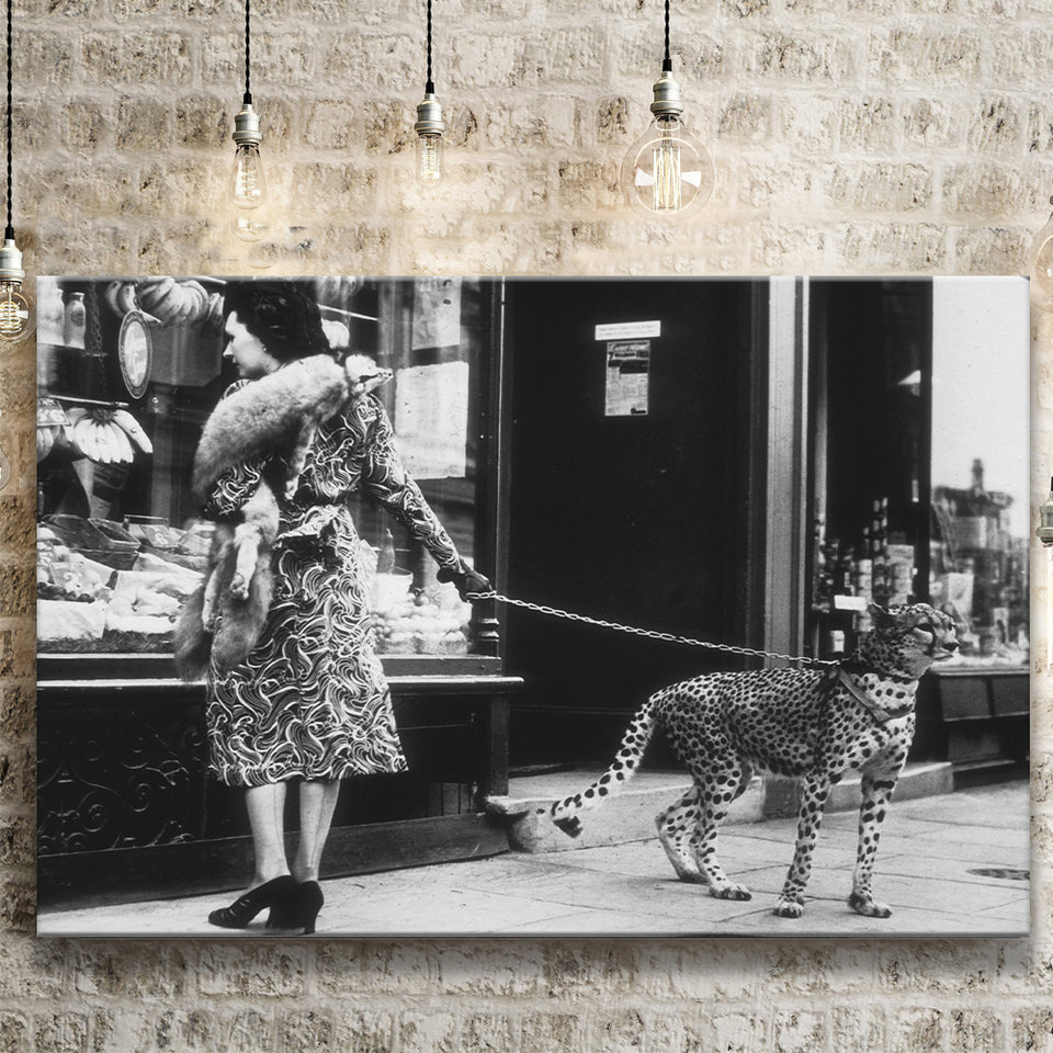Leopard On A Leash Black And White Print, Cheetah Canvas Prints Wall Art Home Decor