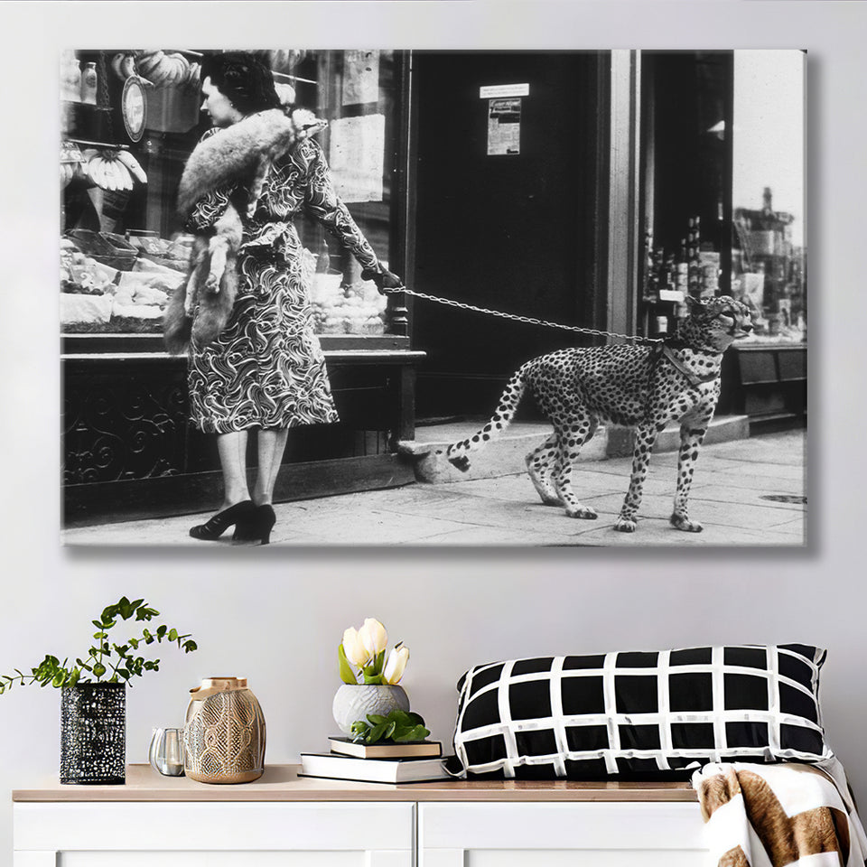 Leopard On A Leash Black And White Print, Cheetah Canvas Prints Wall Art Home Decor