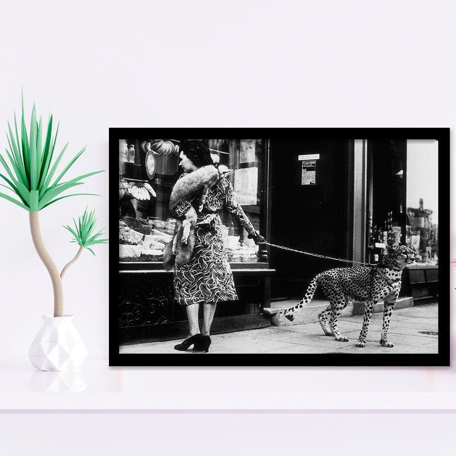 Leopard On A Leash Black And White Print, Cheetah Framed Art Prints, Wall Art,Home Decor,Framed Picture