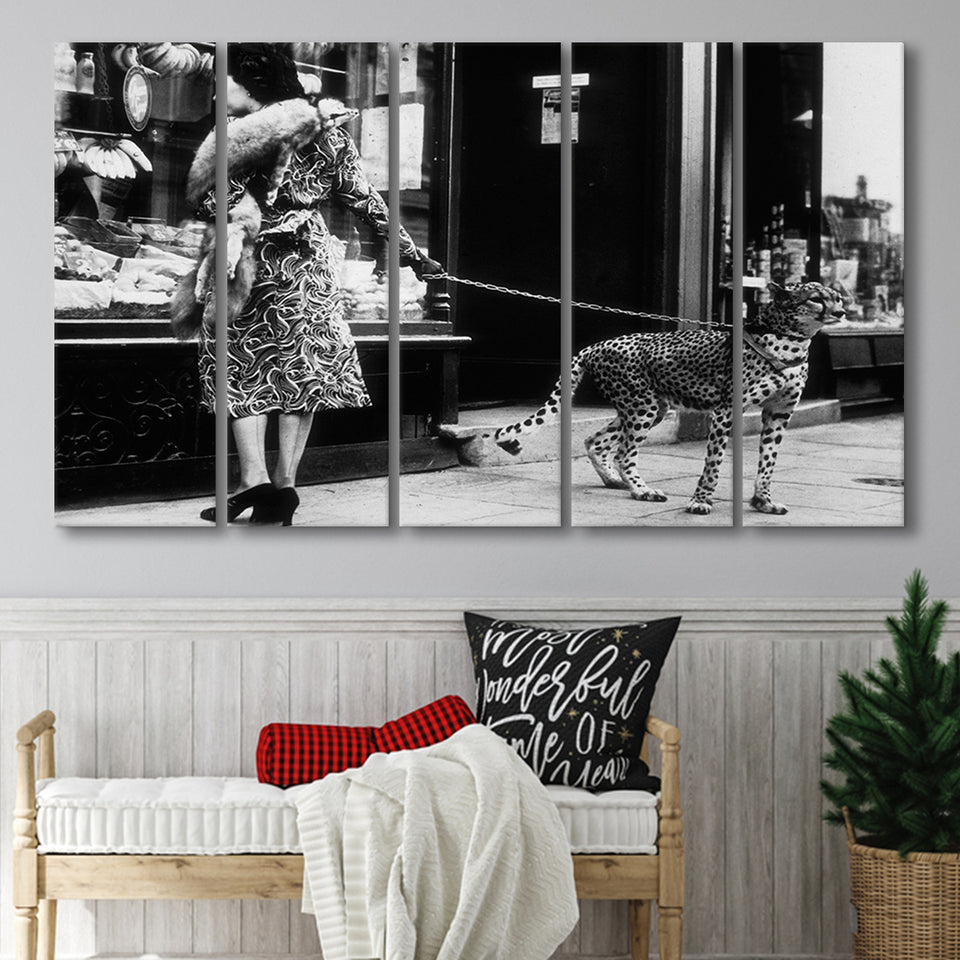 Leopard On A Leash Black And White Print, Cheetah Larger Canvas Art, 5 Piece Canvas Prints Wall Art Decor