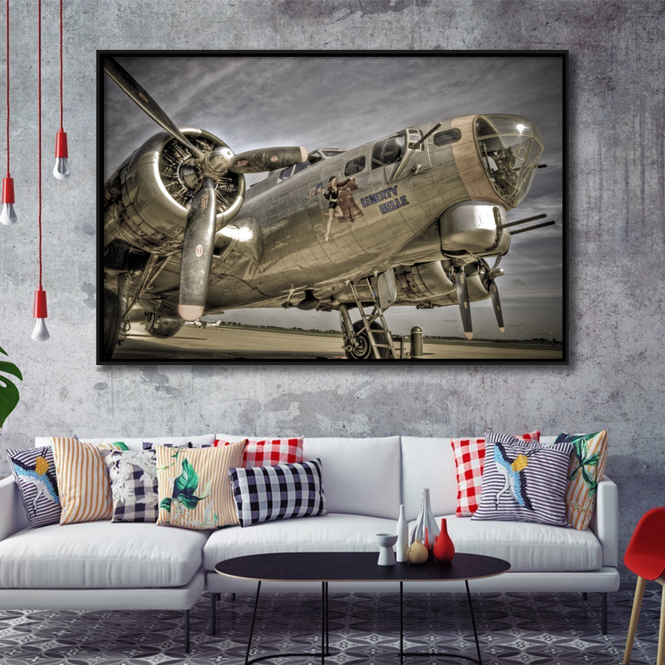 Liberty Bella War Airplane Framed Canvas Prints Wall Art Decor - Painting Canvas, Black Framed Picture