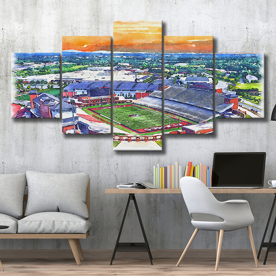 Liberty Flames Williams Stadium Watercolor, 5 Pieces, Multi Panel Canvas Prints Wall Art Decor
