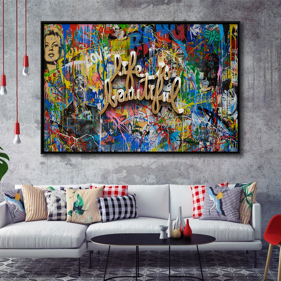 Life Is Beautiful Grafiti Art V2 Banksy Style, Framed Canvas Prints Wall Art Home Decor,Floating Frame, Ready to Hang
