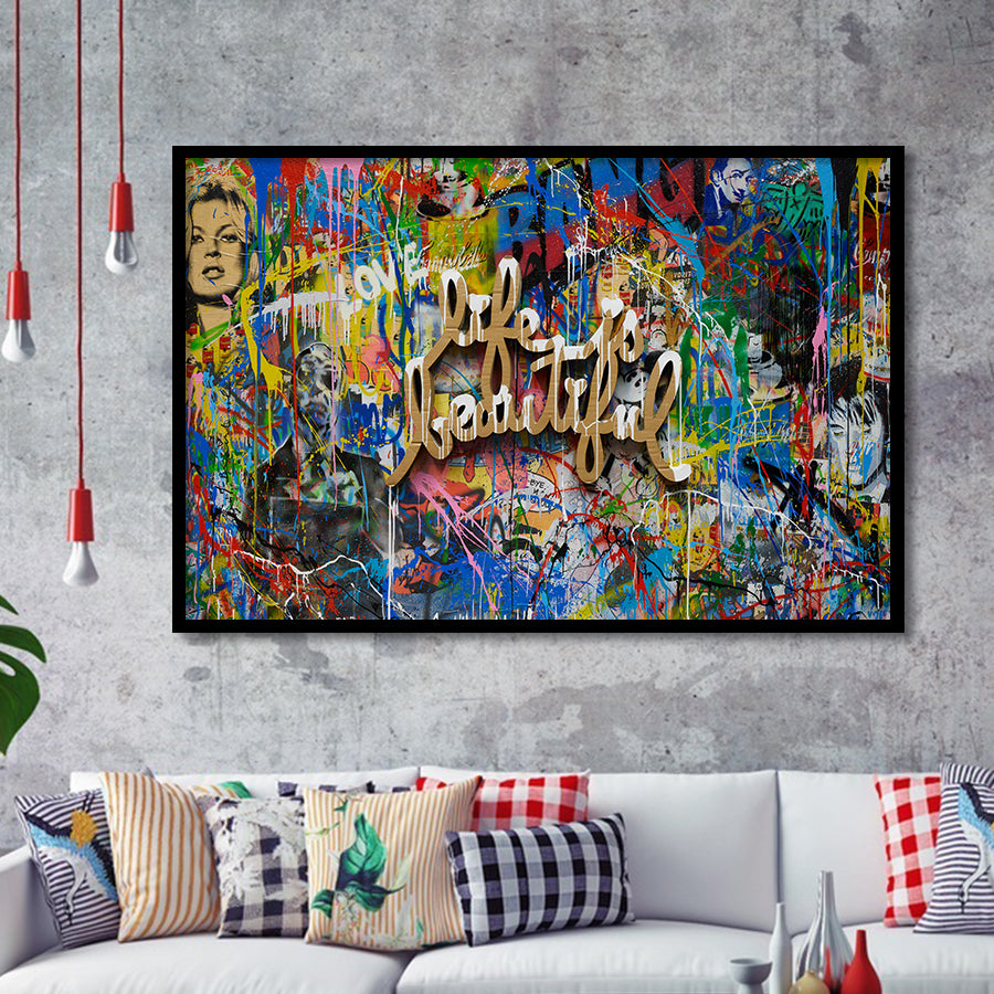 Life Is Beautiful Grafiti Art V2 Banksy Style, Framed Art Prints Wall Art Home Decor, Ready to Hang